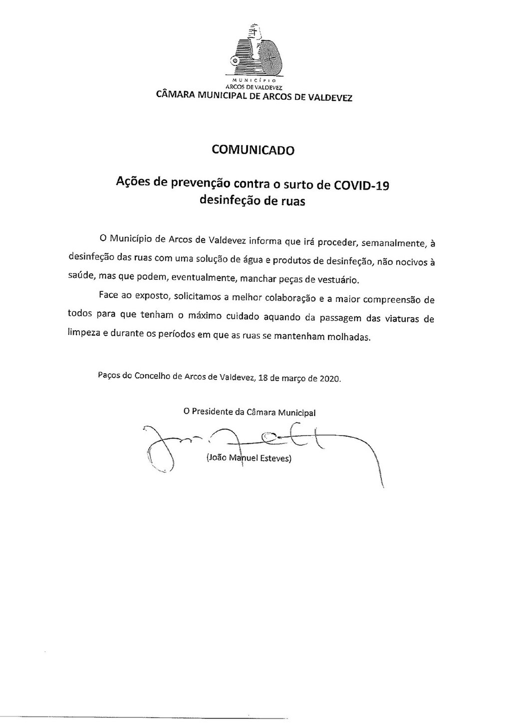 Comunicado - A&ccedil;&otilde;es de Preven&ccedil;&atilde;o contra o surto de COVID-19 - Desinfe&ccedil;&atilde;o de Ruas