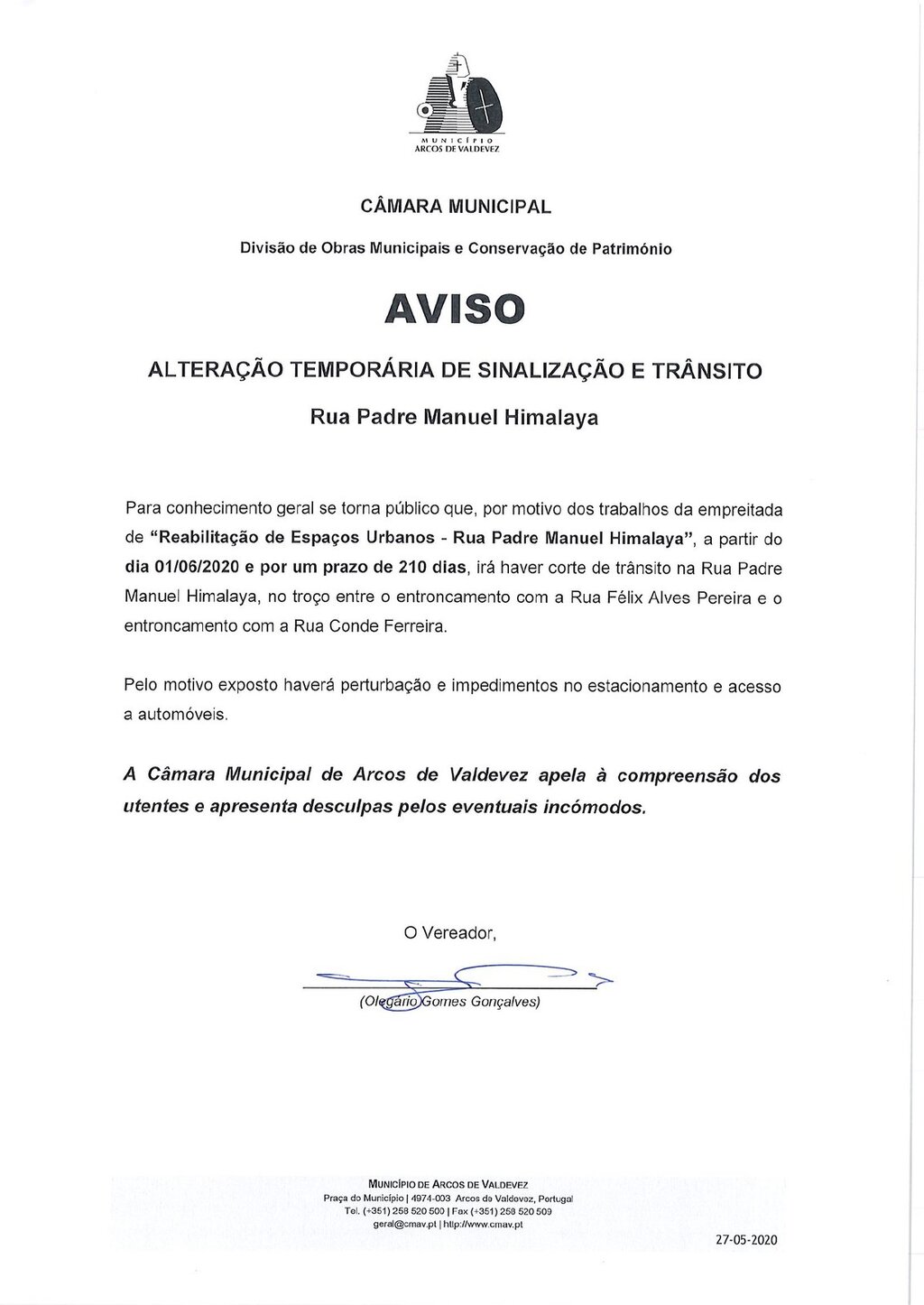 Altera&ccedil;&atilde;o Tempor&aacute;ria de Transito - Rua padre Manuel Hamlaya