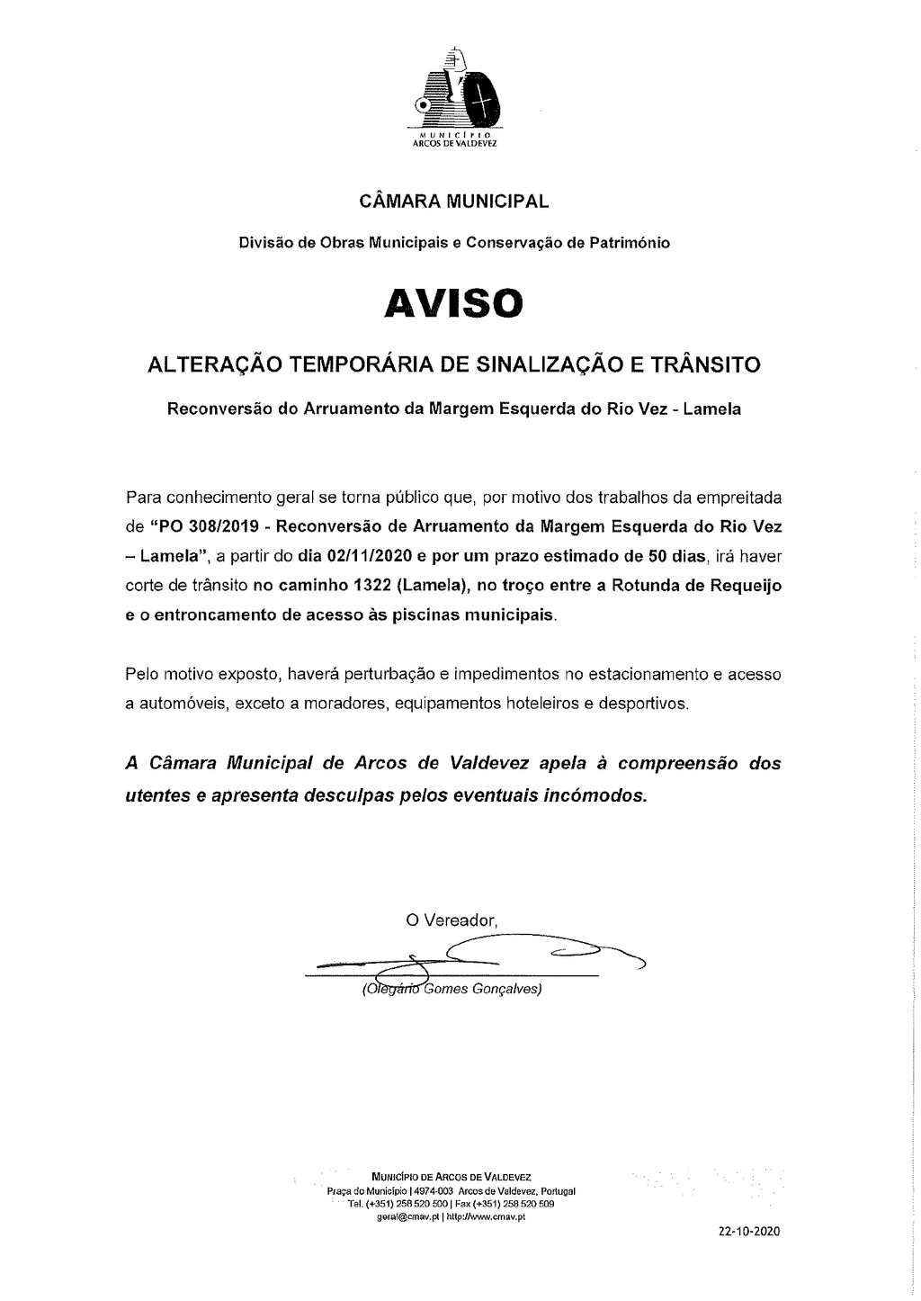 Aviso - altera&ccedil;&atilde;o temporaria de sinaliza&ccedil;&atilde;o de tr&acirc;nsito - Lamela