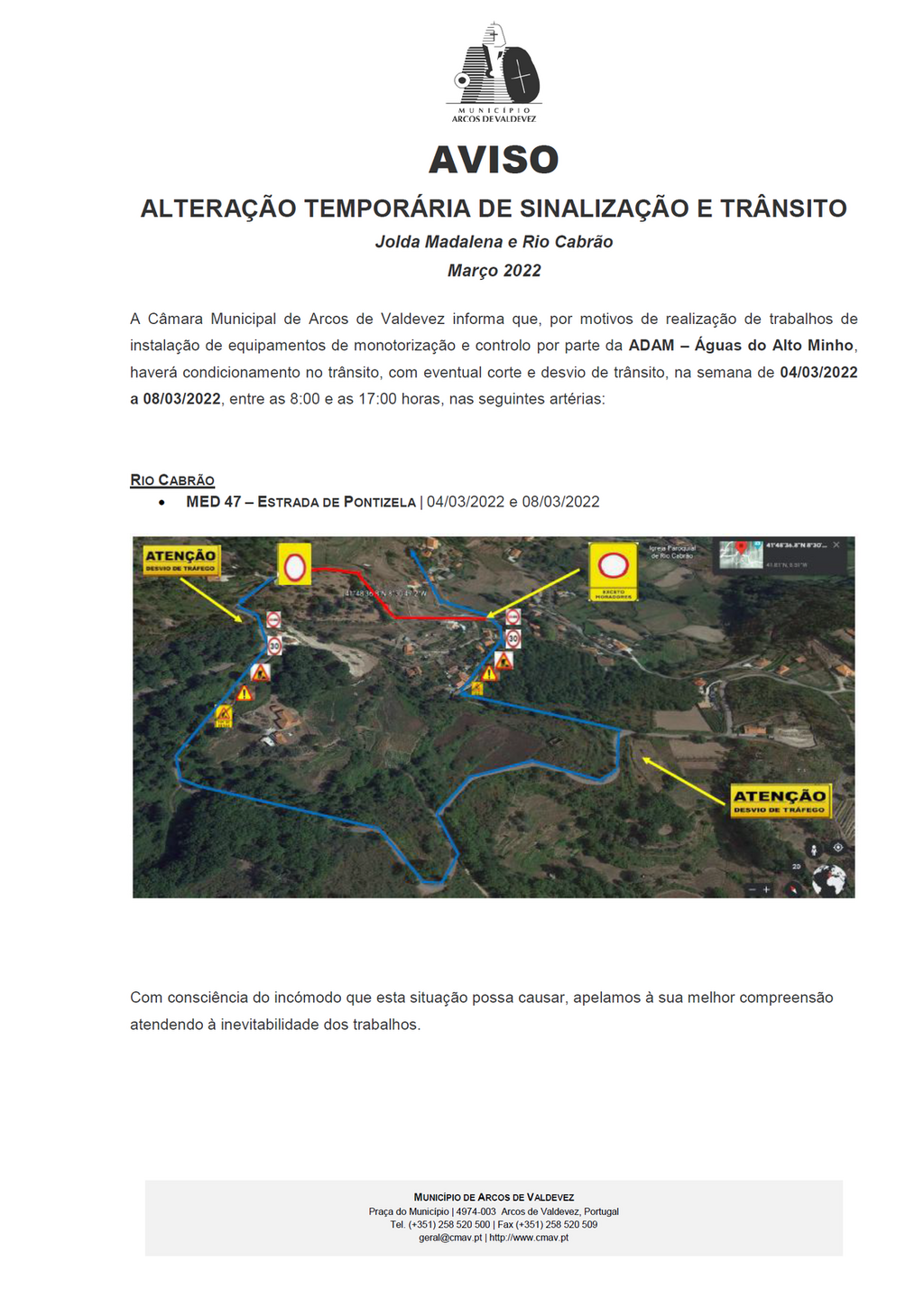 AVISO - ALTERA&Ccedil;&Atilde;O TEMPOR&Aacute;RIA DE SINALIZA&Ccedil;&Atilde;O E TR&Acirc;NSITO - Jolda Madalena e Rio Cabr&atilde;o - mar&ccedil;o 2022