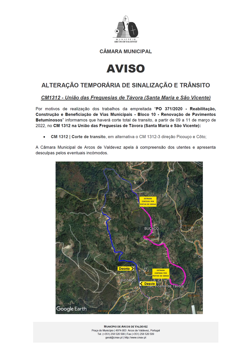 Altera&ccedil;&atilde;o tempor&aacute;ria de sinaliza&ccedil;&atilde;o e tr&acirc;nsito - CM1312 - Uni&atilde;o das Freguesias de T&aacute;vora Santa Maria e S&atilde;o Vicente