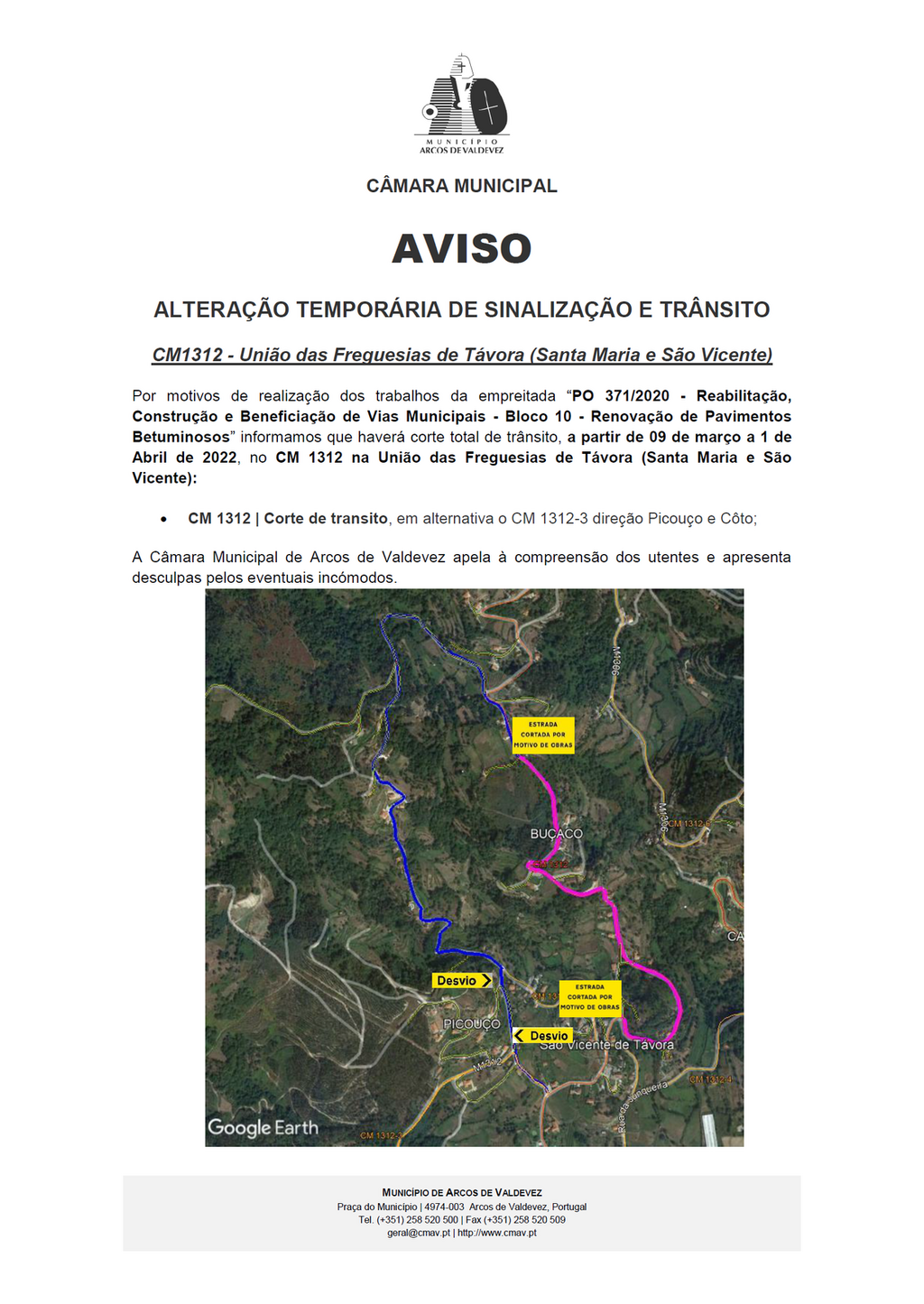 Altera&ccedil;&atilde;o tempor&aacute;ria de sinaliza&ccedil;&atilde;o e tr&acirc;nsito - CM 1312 - Uni&atilde;o de Freguesias de T&aacute;vora Santa Maria e S&atilde;o Vicente