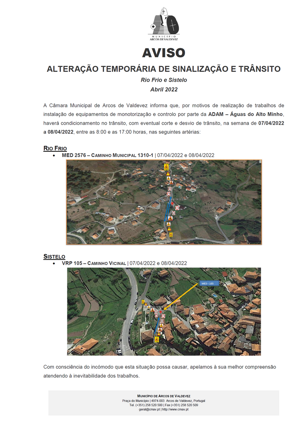 AVISO - ALTERA&Ccedil;&Atilde;O TEMPOR&Aacute;RIA DE SINALIZA&Ccedil;&Atilde;O E TR&Acirc;NSITO - Rio Frio e Sistelo