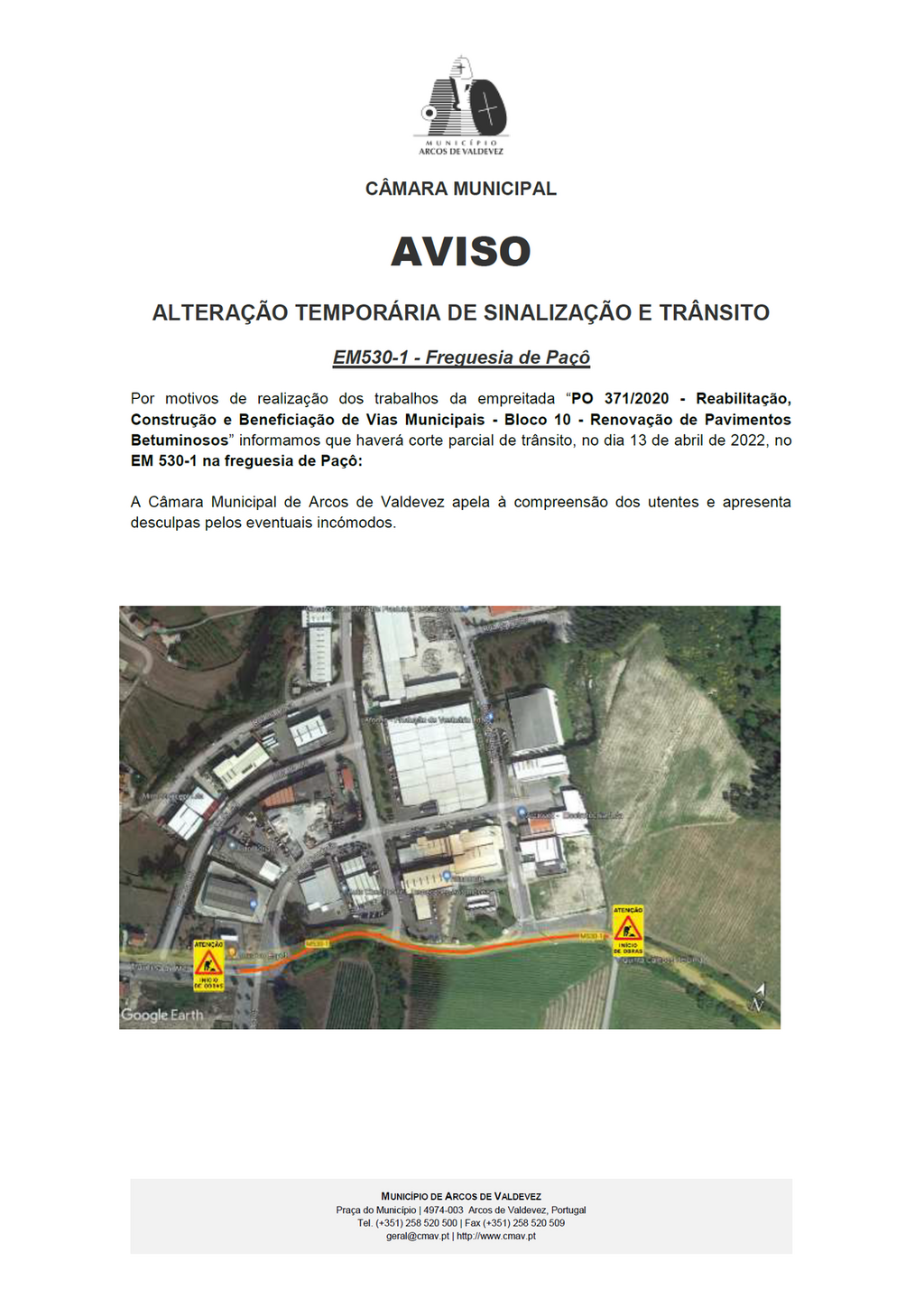 Altera&ccedil;&atilde;o tempor&aacute;ria de sinaliza&ccedil;&atilde;o e tr&acirc;nsito - EM530-1 Freguesia de Pa&ccedil;&ocirc;