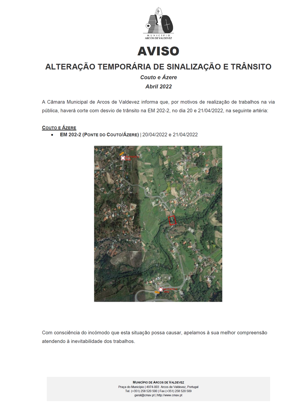AVISO_Altera&ccedil;&atilde;o tempor&aacute;ria de sinaliza&ccedil;&atilde;o e tr&acirc;nsito_Couto e &Aacute;zere _20 e 21_abril