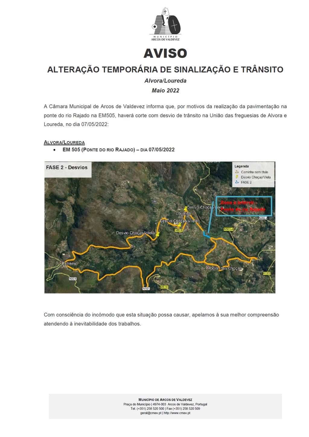 Aviso - Altera&ccedil;&atilde;o tempor&aacute;ria de sinaliza&ccedil;&atilde;o e tr&acirc;nsito - &Aacute;lvora-Loureda