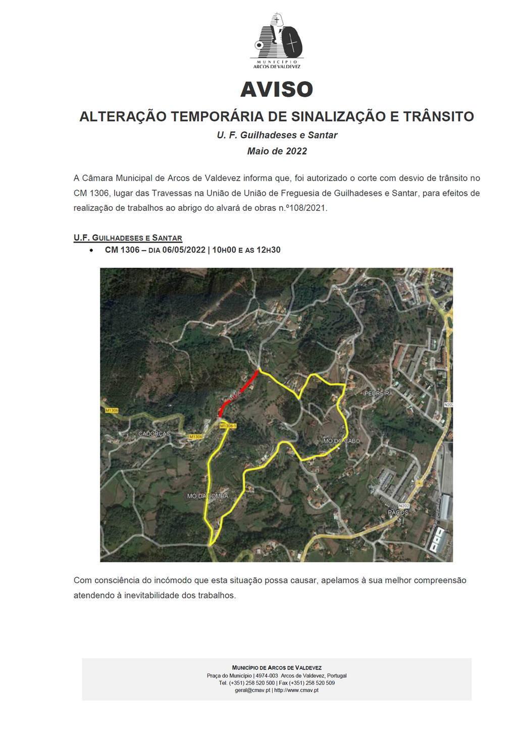 Aviso - Altera&ccedil;&atilde;o tempor&aacute;ria de sinaliza&ccedil;&atilde;o e tr&acirc;nsito -  UF Guilhadeses e Santar