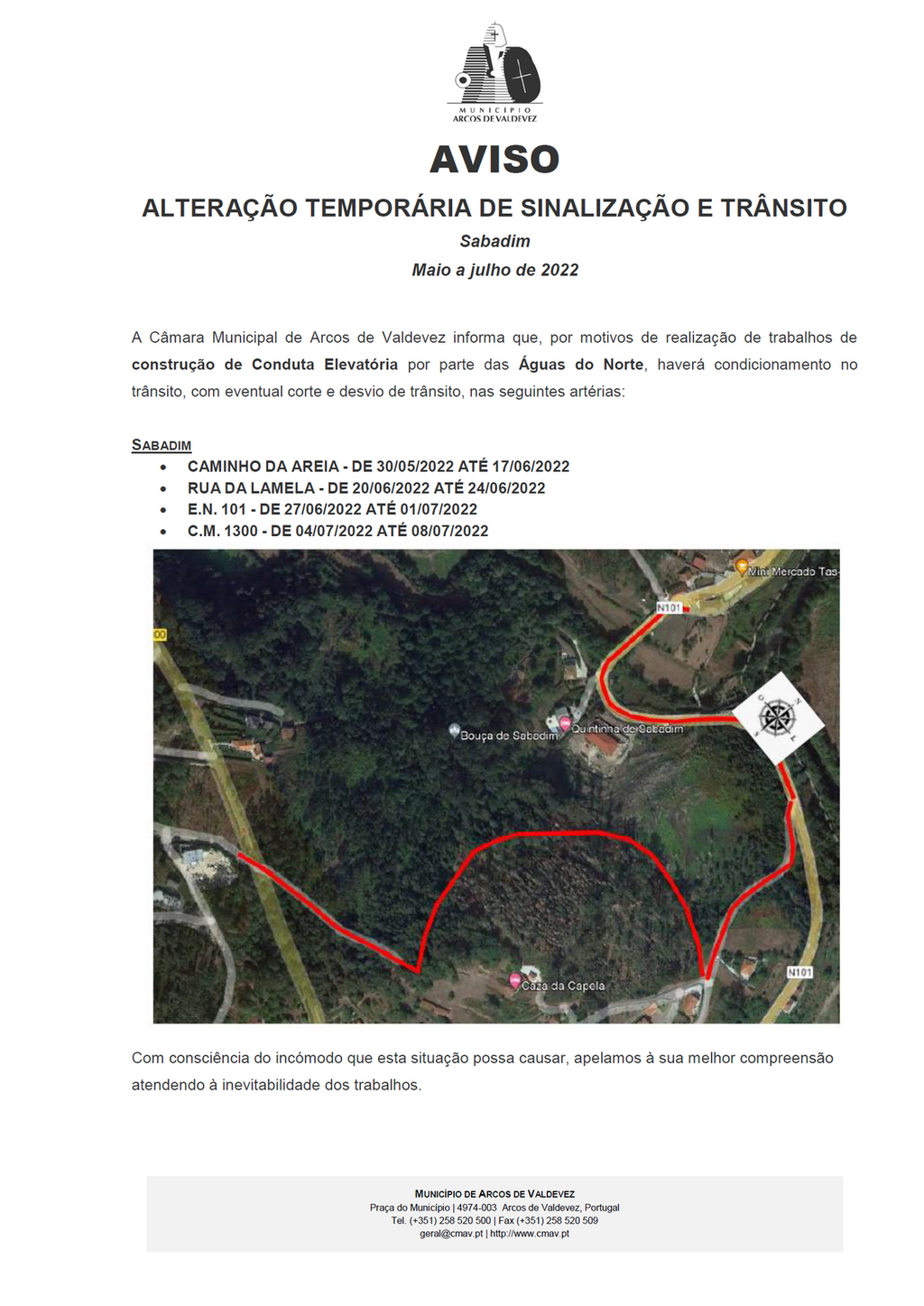 Aviso - Altera&ccedil;&atilde;o tempor&aacute;ria de sinaliza&ccedil;&atilde;o e tr&acirc;nsito -  Sabadim -Maio a Julho