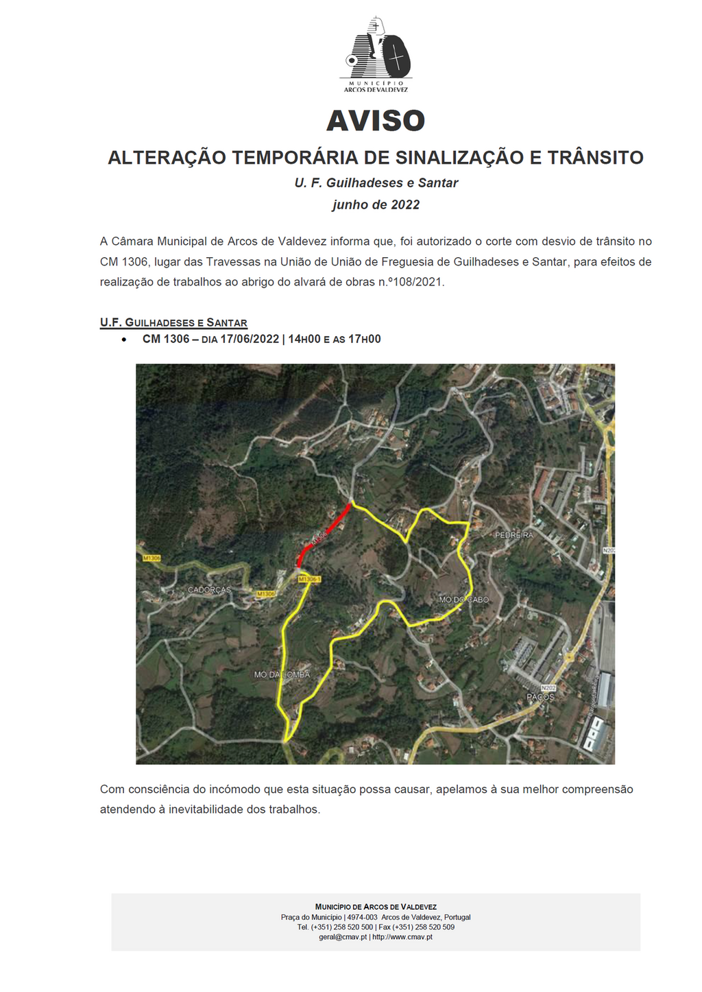 Aviso - Altera&ccedil;&atilde;o Tempor&aacute;ria de Sinaliza&ccedil;&atilde;o e Tr&acirc;nsito UF Guilhadeses e Santar