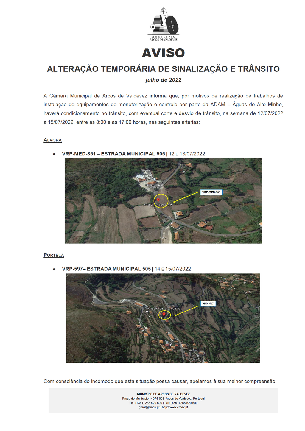 Aviso - Altera&ccedil;&atilde;o tempor&aacute;ria de Sinaliza&ccedil;&atilde;o e tr&acirc;nsito - &Aacute;lvora e Portela