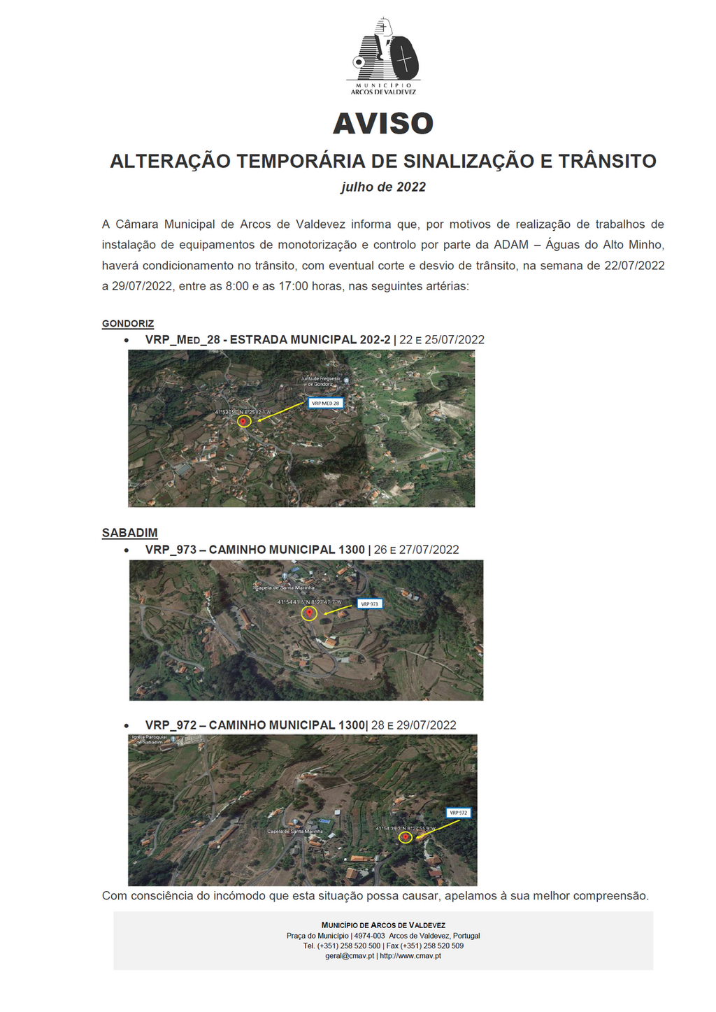Aviso - Altera&ccedil;&atilde;o tempor&aacute;ria de Sinaliza&ccedil;&atilde;o e tr&acirc;nsito - Gondoriz, Sabadim