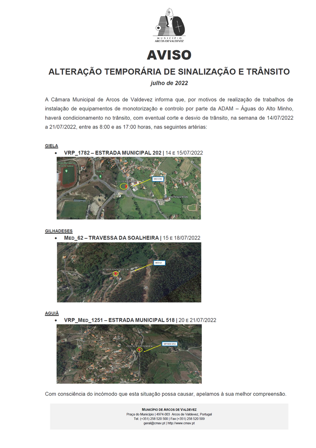 Aviso - Altera&ccedil;&atilde;o tempor&aacute;ria de Sinaliza&ccedil;&atilde;o e tr&acirc;nsito - Giela, Guilhadeses e Agui&atilde;