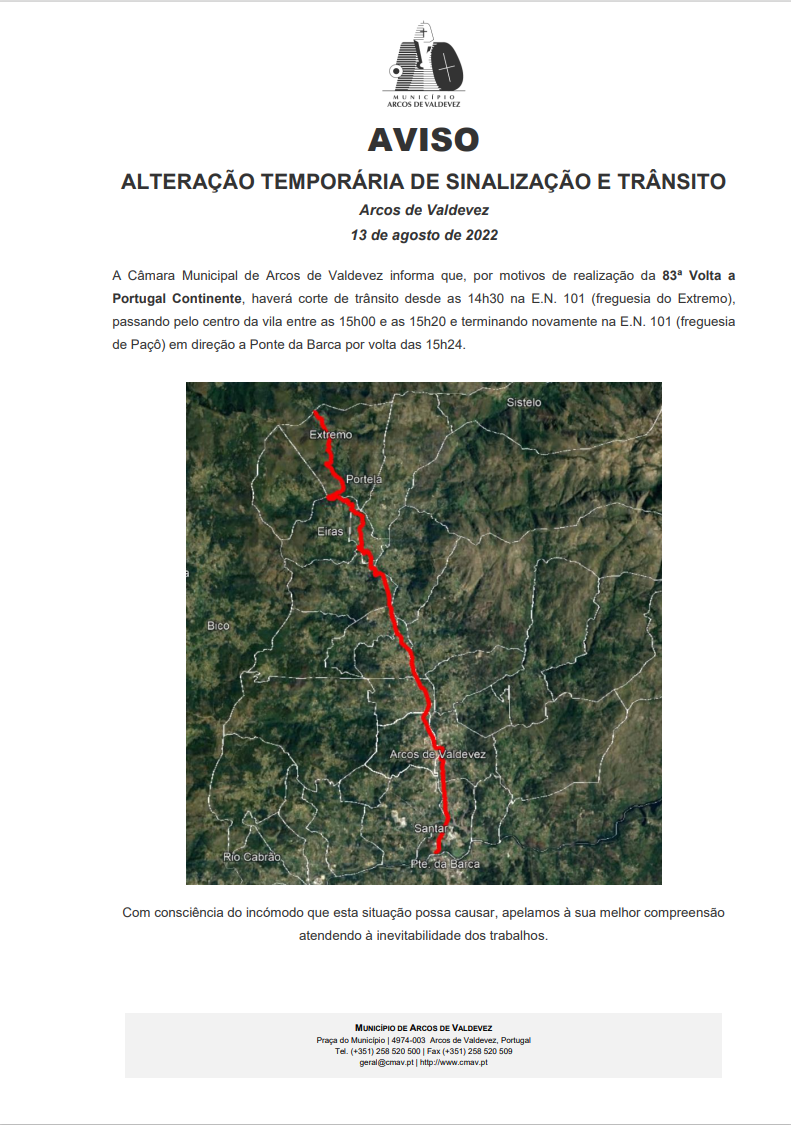 Aviso - altera&ccedil;&atilde;o Tempor&aacute;ria de Sinaliza&ccedil;&atilde;o e Tr&acirc;nsito - 83&ordf; Volta a Portugal Continente