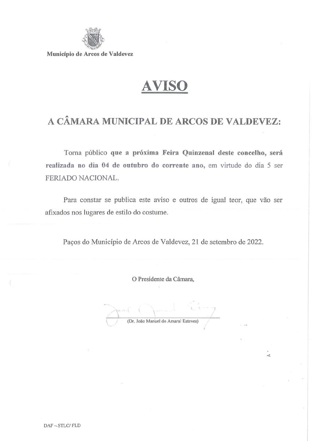 Edital - altera&ccedil;&atilde;o da data da feira quinzenal