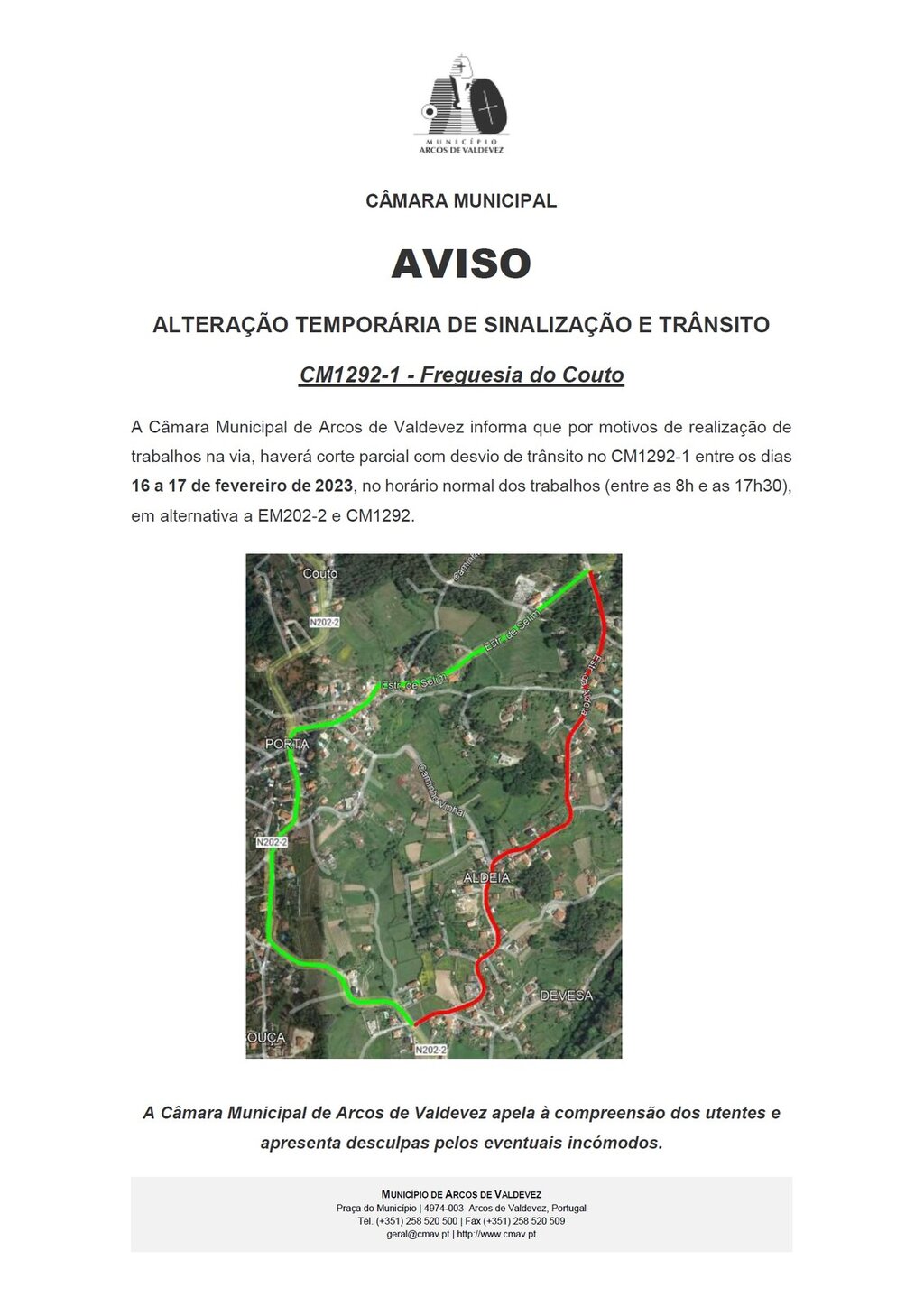 AVISO - ALTERA&Ccedil;&Atilde;O TEMPOR&Aacute;RIA DE SINALIZA&Ccedil;&Atilde;O E TR&Acirc;NSITO  - CM1292-1 - Freguesia do Couto