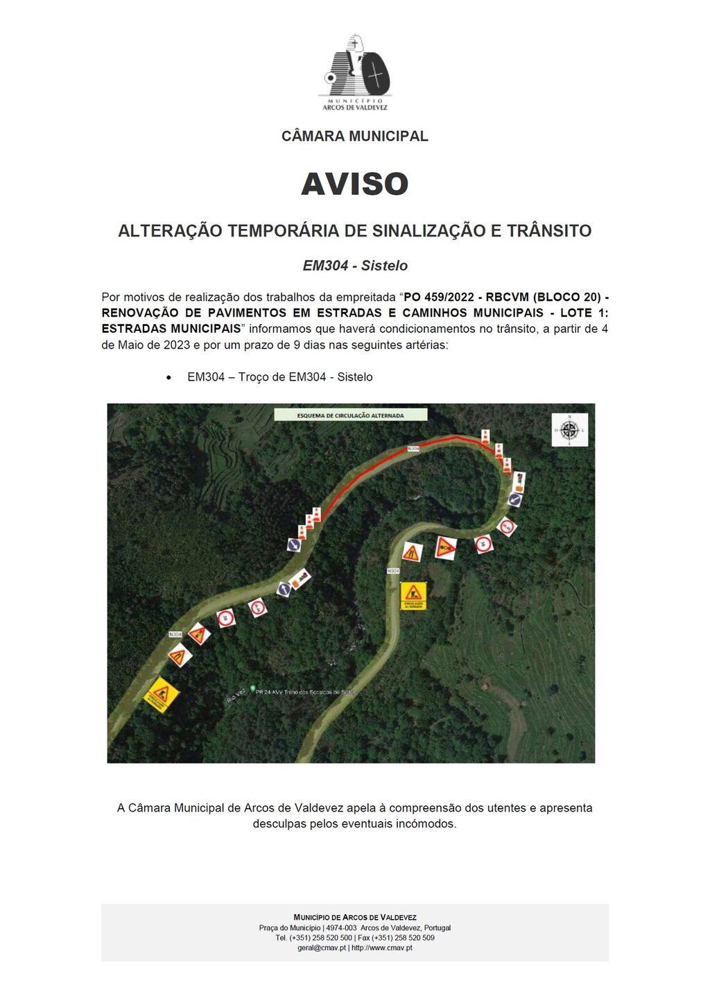 Aviso - altera&ccedil;&atilde;o tempor&aacute;ria de sinaliza&ccedil;&atilde;o e tr&acirc;nsito - EM 304 Sistelo