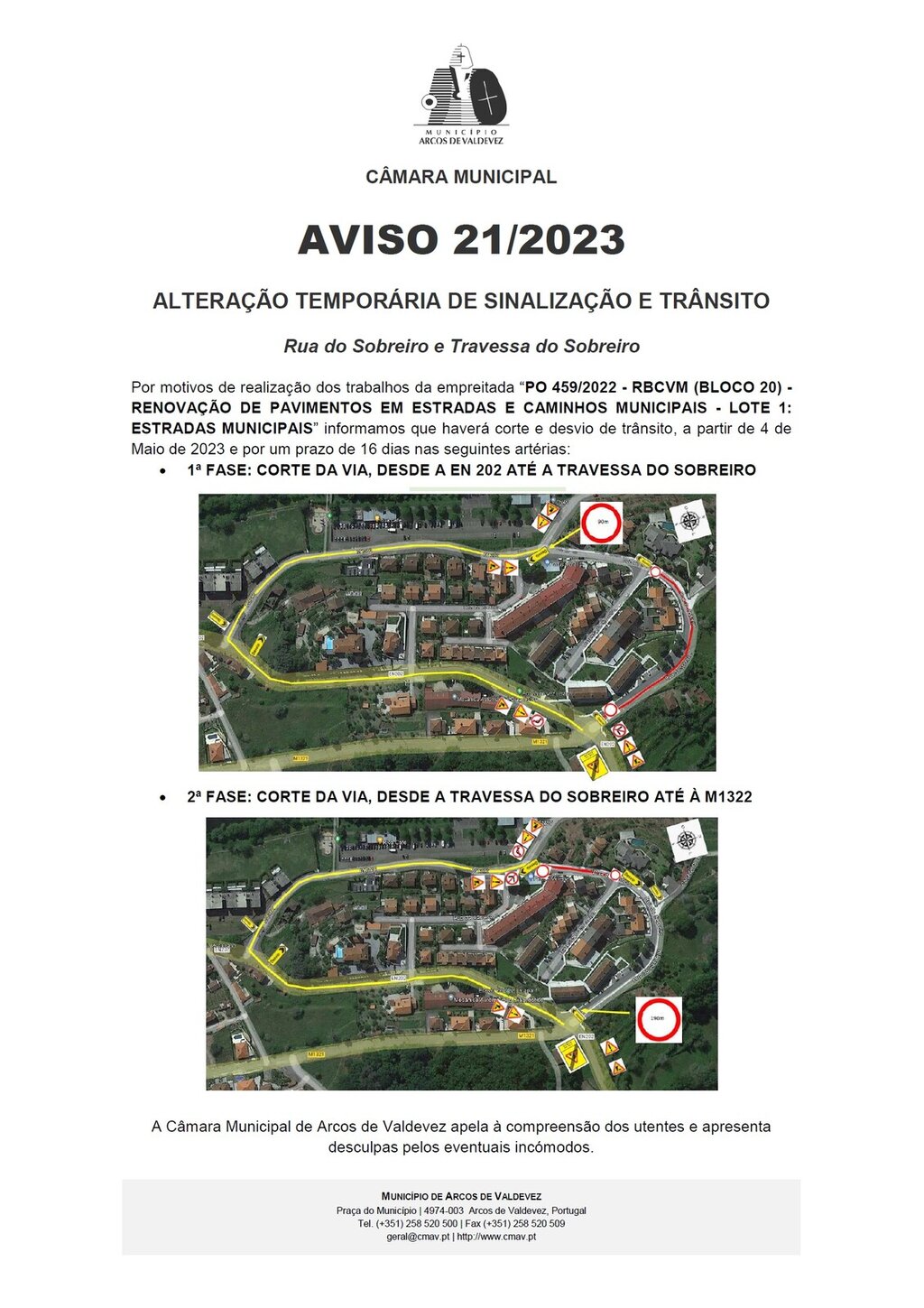 Aviso - altera&ccedil;&atilde;o tempor&aacute;ria de sinaliza&ccedil;&atilde;o e tr&acirc;nsito - Rua do Sobreiro e Travessa do Sobreiro