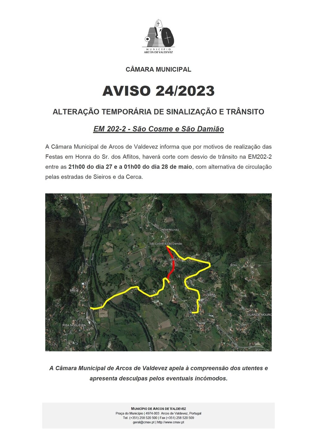 Aviso - altera&ccedil;&atilde;o tempor&aacute;ria de sinaliza&ccedil;&atilde;o e tr&acirc;nsito - EM 202-2 - S&atilde;o Cosme e S&atilde;o Dami&atilde;o