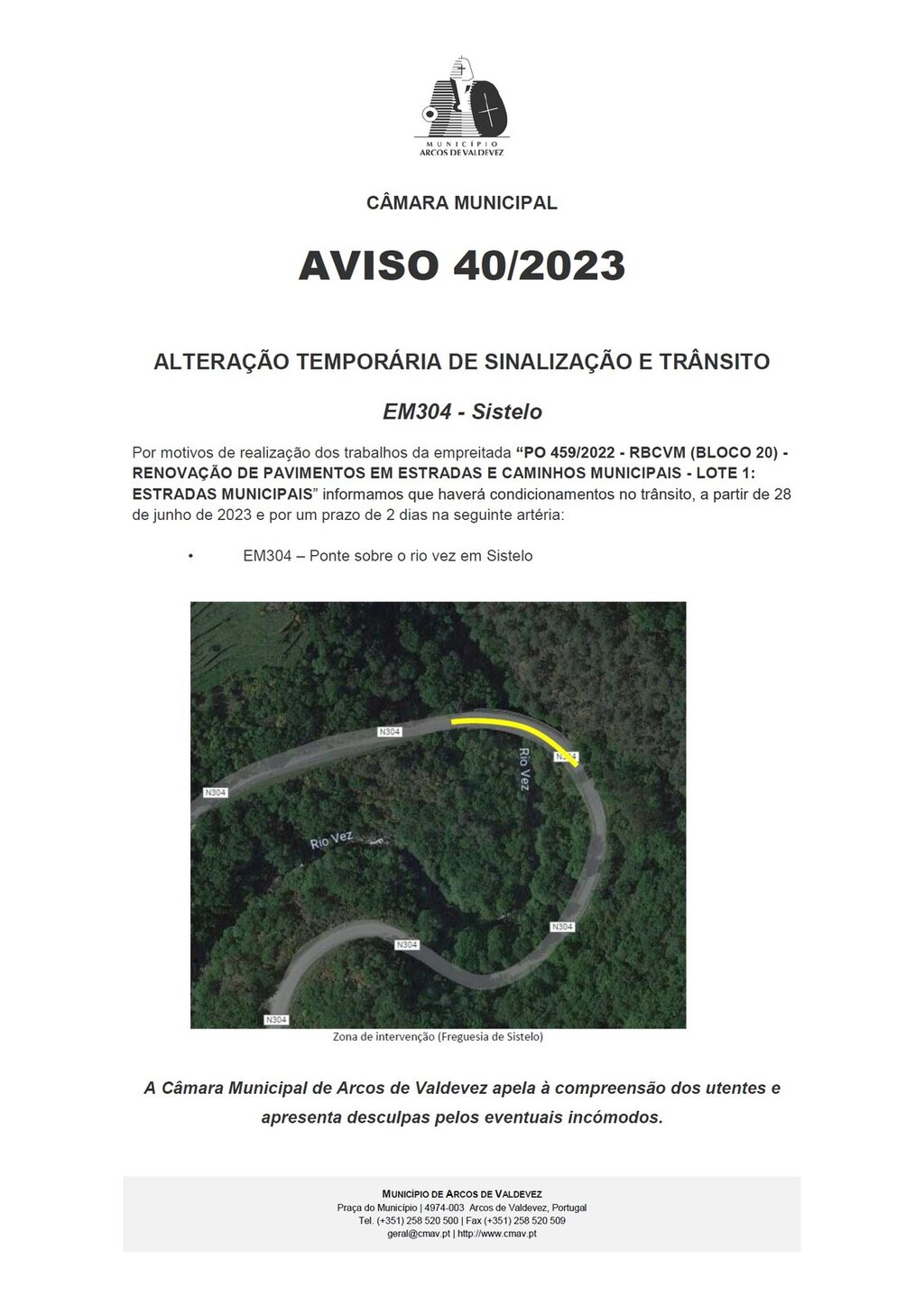 Aviso - altera&ccedil;&atilde;o tempor&aacute;ria de sinaliza&ccedil;&atilde;o e tr&atilde;nsito - EM 304 - Sistelo