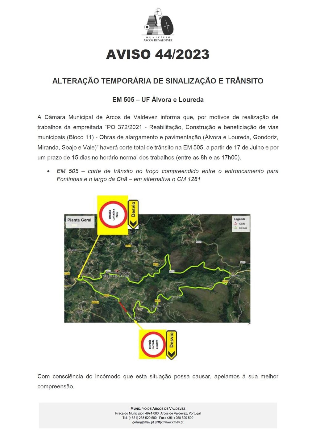 Altera&ccedil;&atilde;o de Sinaliza&ccedil;&atilde;o e Tr&acirc;nsito - EM 505 - UF &Aacute;lvora e Loureda