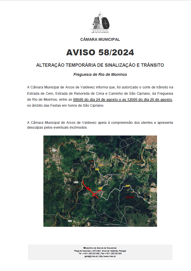 Aviso 58 2024 - Altera&ccedil;&atilde;o Tempor&aacute;ria de Sinaliza&ccedil;&atilde;o e Tr&acirc;nsito - Freguesia de Rio de Moinhos