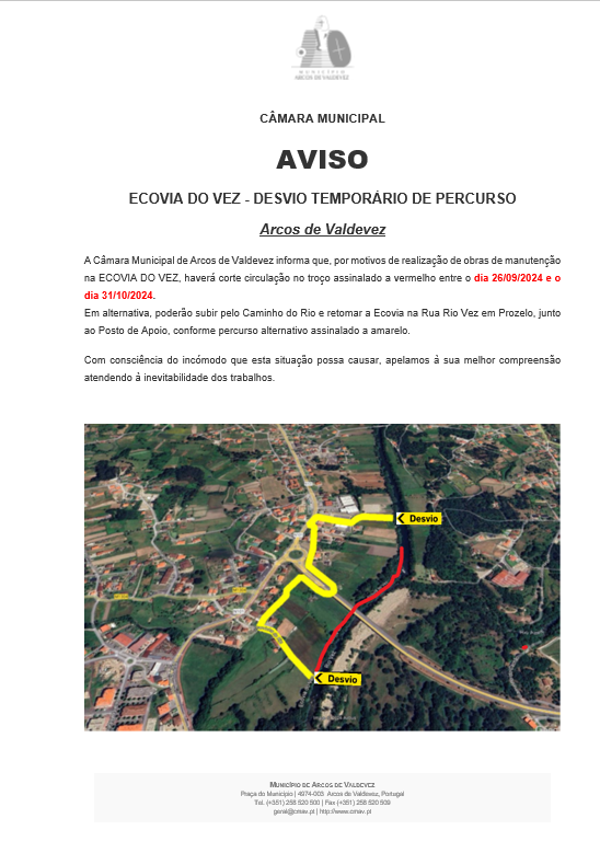 Aviso - Ecovia do Vez - Desvio tempor&aacute;rio do Percurso