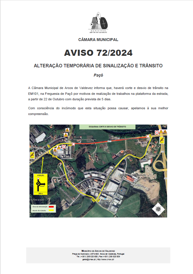 Aviso 72 - 2024 - Altera&ccedil;&atilde;o Tempor&aacute;ria de Sinaliza&ccedil;&atilde;o e Tr&acirc;nsito - Pa&ccedil;&ocirc;