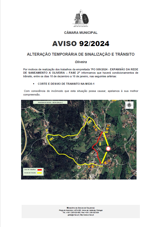 Aviso 92 2024 Altera&ccedil;&atilde;o Tempor&aacute;ria de sinaliza&ccedil;&atilde;o e Tr&acirc;nsito - Oliveira