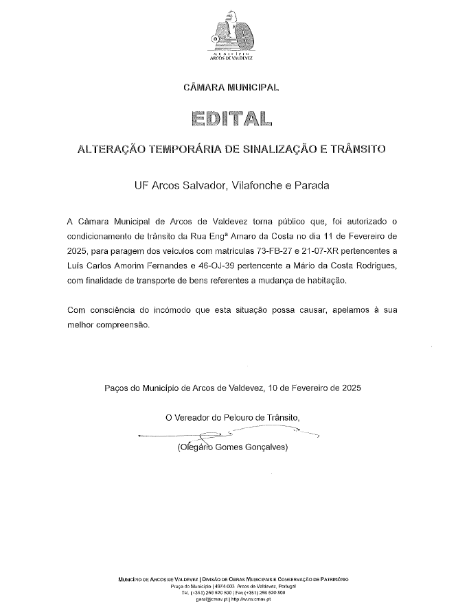 Altera&ccedil;&atilde;o Tempor&aacute;ria de Sinaliza&ccedil;&atilde;o e Tr&acirc;nsito - UF Arcos Salvador, Vilafonche e Parada