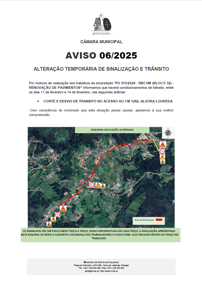 Aviso 06 2025 Altera&ccedil;&atilde;o tempor&aacute;ria de Sinaliza&ccedil;&atilde;o e Tr&acirc;nsito - CM 1282 &Aacute;lvora Loureda