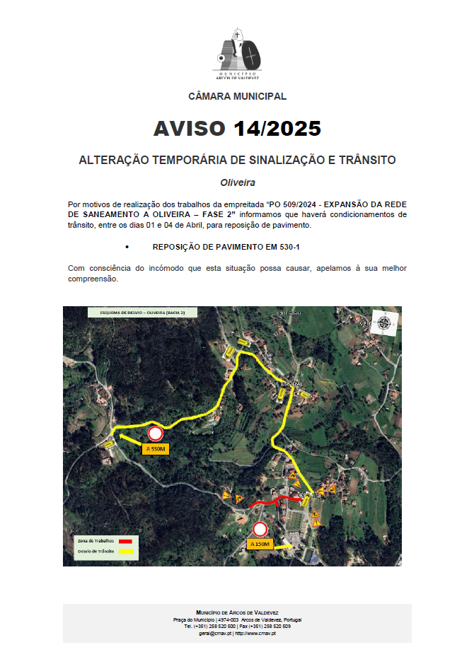 Aviso 14 2025 - Expans&atilde;o da Rede de Saneamento a Oliveira - fase 2