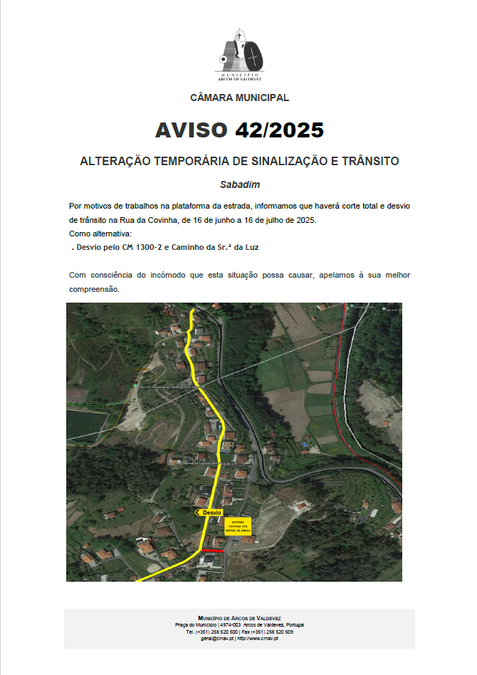 Aviso 42 - 2025 - Altera&ccedil;&atilde;o tempor&aacute;ria de Sinaliza&ccedil;&atilde;o e Tr&acirc;nsito - Sabadim