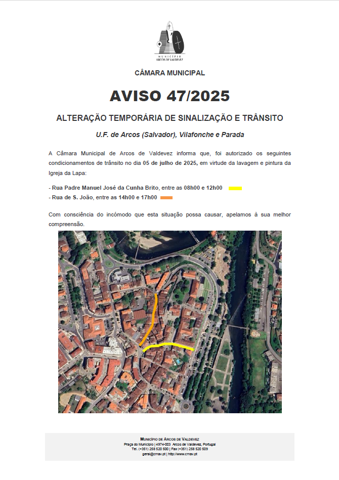 Aviso 47 - 2025 Altera&ccedil;&atilde;o Tempor&aacute;ria de Sinaliza&ccedil;&atilde;o e Tr&acirc;nsito - UF de Arcos Salvador, Vilafonche e Parada