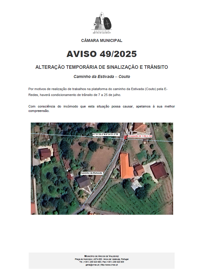 Aviso 49-2025 - Altera&ccedil;&atilde;o tempor&aacute;ria de Sinaliza&ccedil;&atilde;o e Tr&acirc;nsito - Caminho da Estivada - Couto