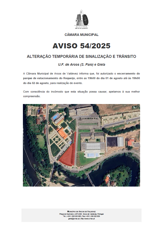 Aviso 54 2025 Altera&ccedil;&atilde;o tempor&aacute;ria de sinaliza&ccedil;&atilde;o e tr&acirc;nsito  UF de Arcos S Paio e Giela