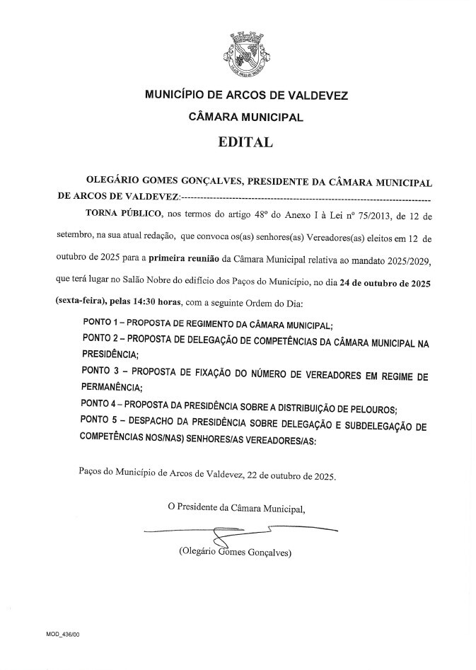 Edital - primeira reuni&atilde;o da C&acirc;mara Municipal - mandato 2025-2029