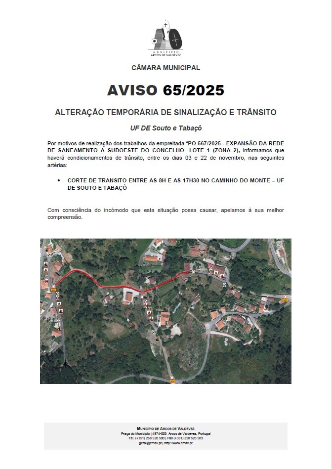 AVISO 65 - 2025 - Altera&ccedil;&atilde;o  Tempor&aacute;ria de Sinaliza&ccedil;&atilde;o e tr&atilde;nsito - UF de Souto e Taba&ccedil;&ocirc;