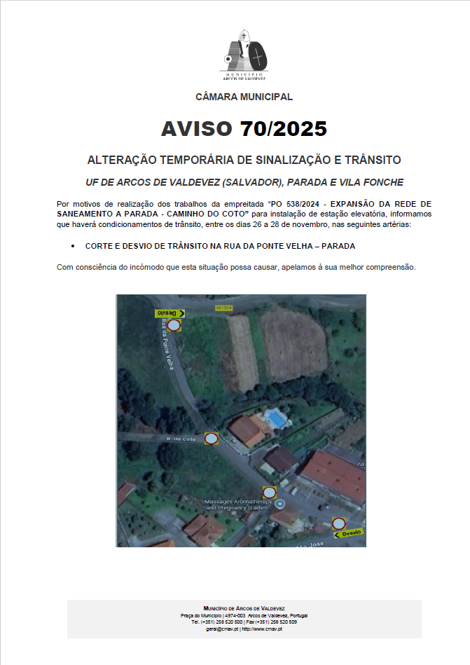 Aviso 70 - 2025 - Uf Arcos de Valdevez Salvador, Vilafonche e Parada